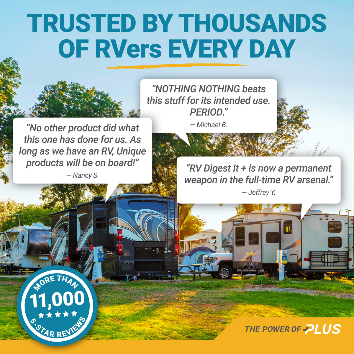 Promotional image of RVs with 11,000 customer testimonials and a 5-star review badge.