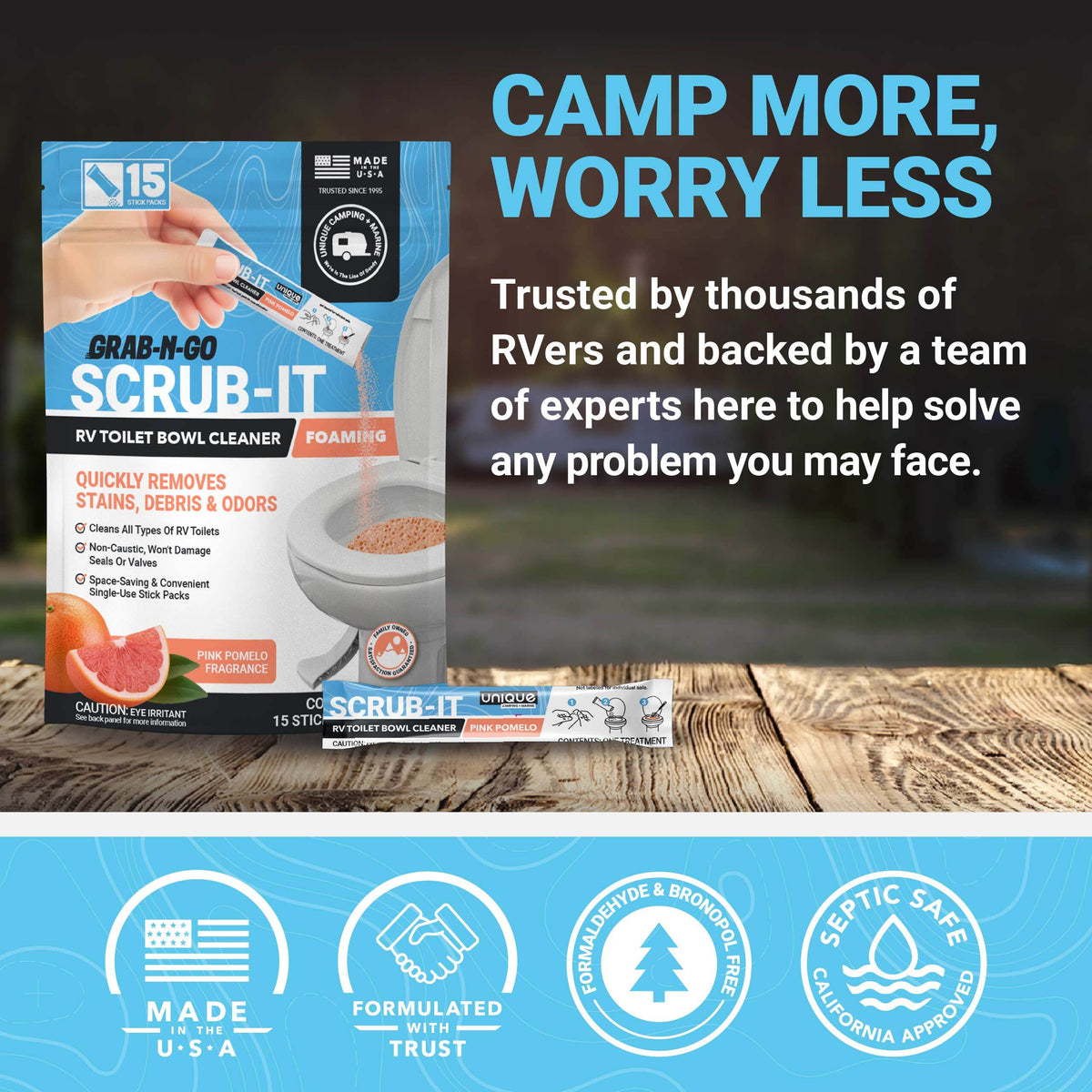 RV toilet bowl cleaner packaging with text 'Camp More, Worry Less' on a wooden surface.