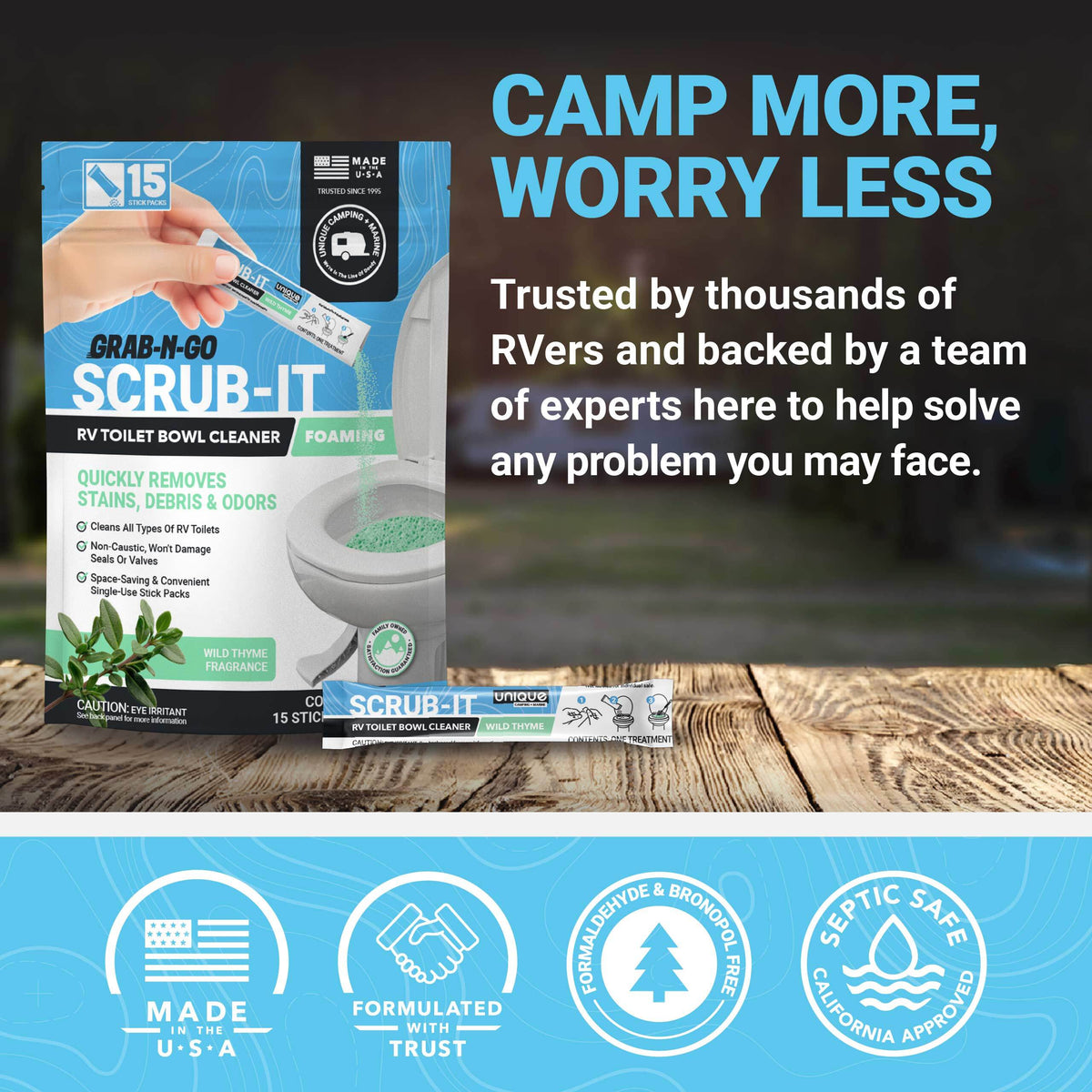 RV toilet bowl cleaner packaging with text 'Camp More, Worry Less' on a blurred outdoor background.
