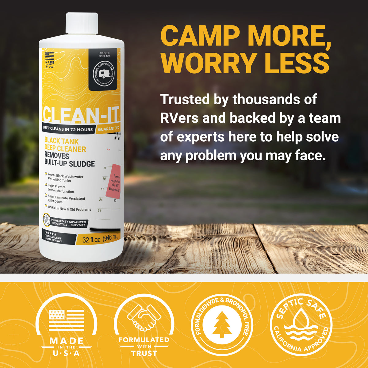 Clean-It black tank cleaner bottle on a wooden picnic table