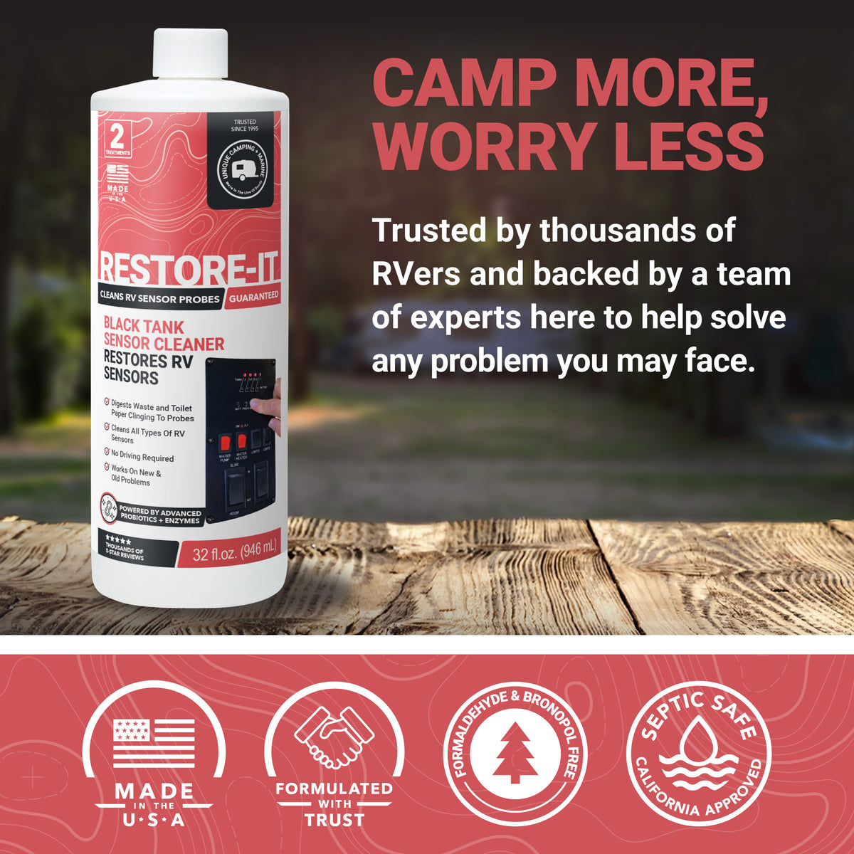 Restore-It RV black tank sensor cleaner bottle on picnic table. Camp more. Worry less.