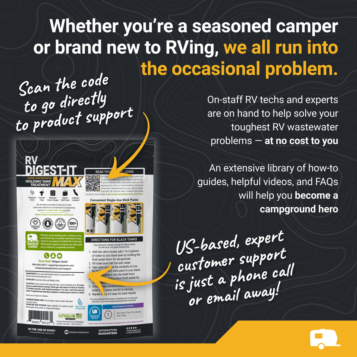 Advertisement for RV Digest-It Max product with text about RV support services on a dark background.