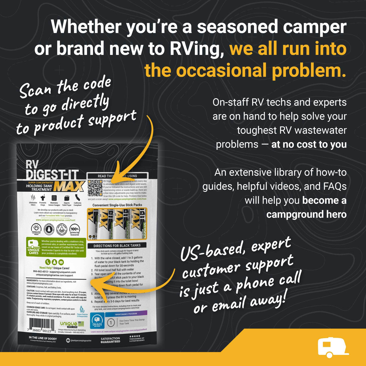 Advertisement for RV Digest-it Max product with text about RV support services on a dark background.