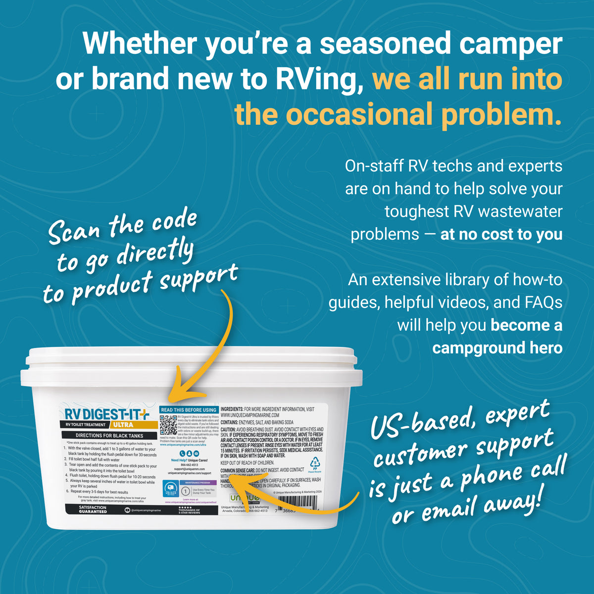 Promotional graphic for RV wastewater management product with text and a product image on a blue background.