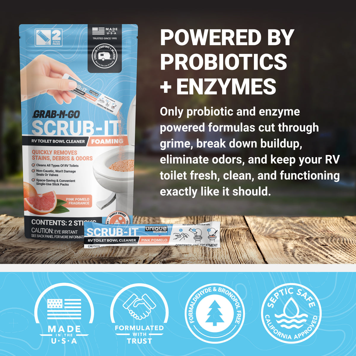 RV toilet cleaner packaging with text highlighting probiotics and enzymes on a wooden surface.