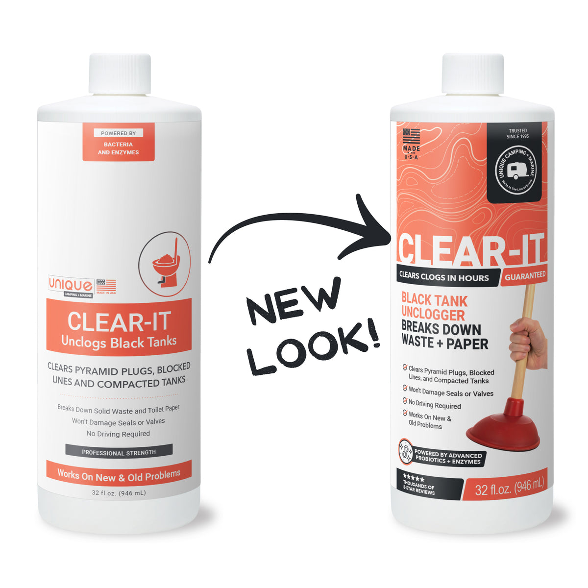 Two bottles of Clear-It black tank clarifier with a new look label on a white background