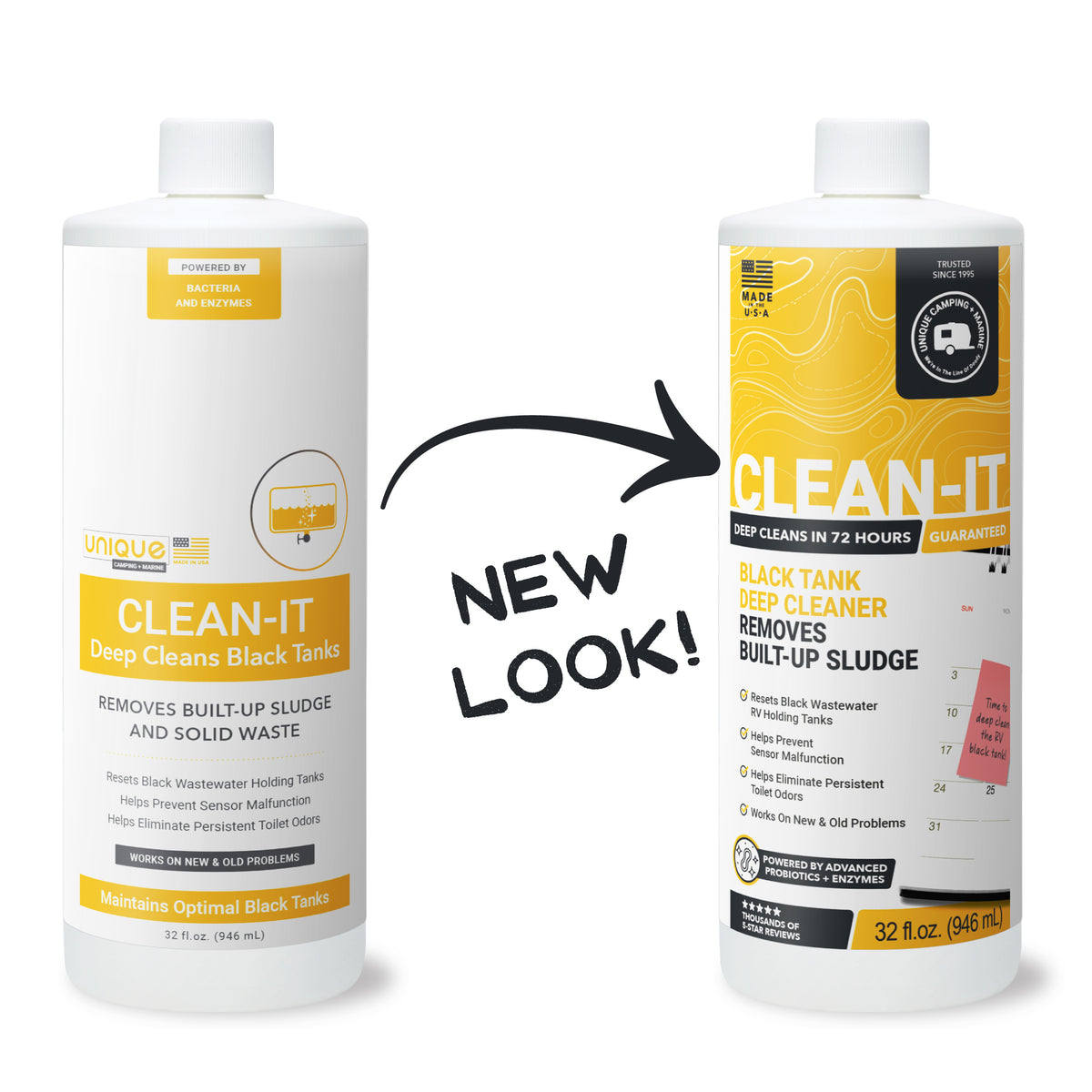 Two bottles of Clean-It black tank cleaner with a &#39;New Look!&#39; label on a white background