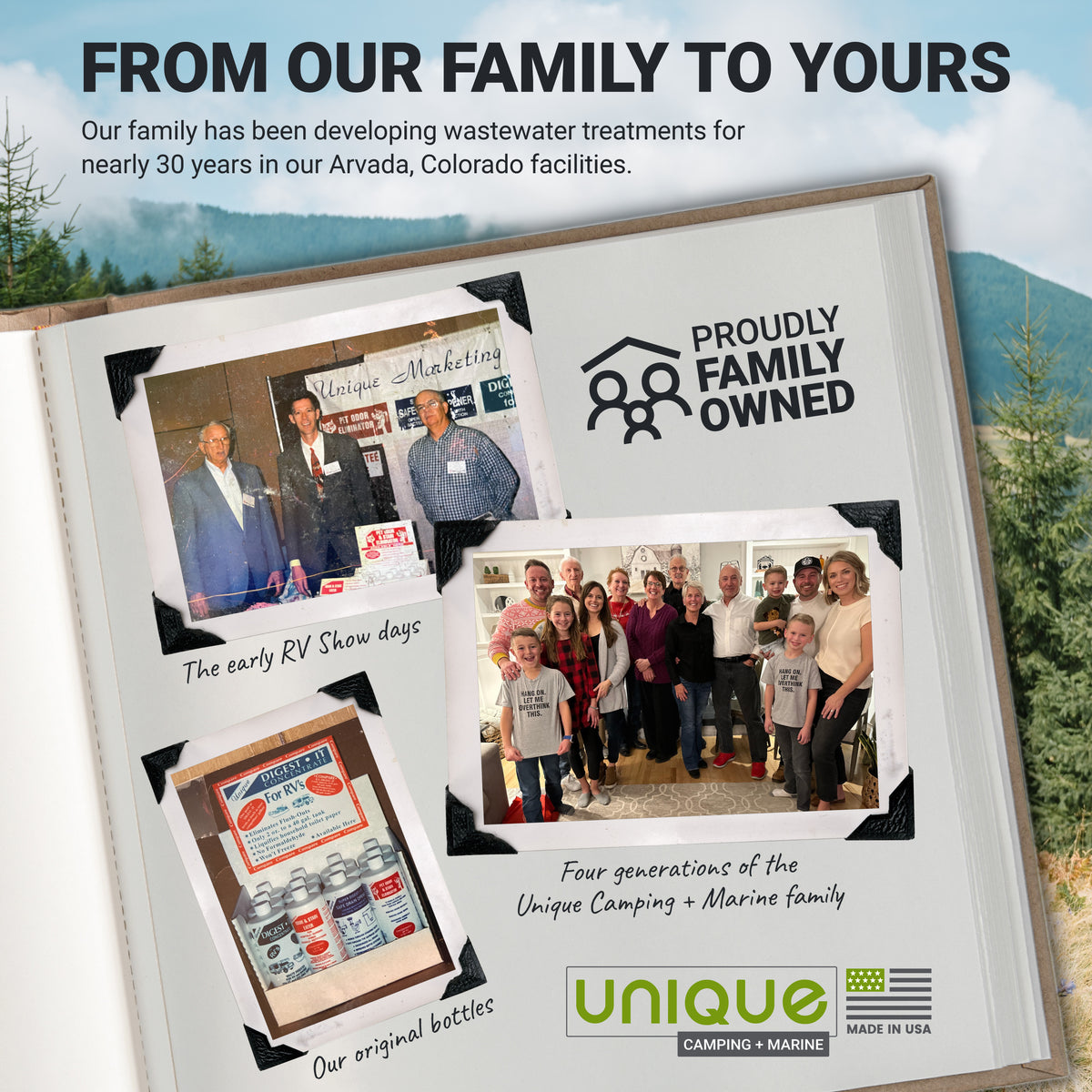Promotional image for Unique Camping & Marine with family photos and text about their 30-year history in Arvada, Colorado.