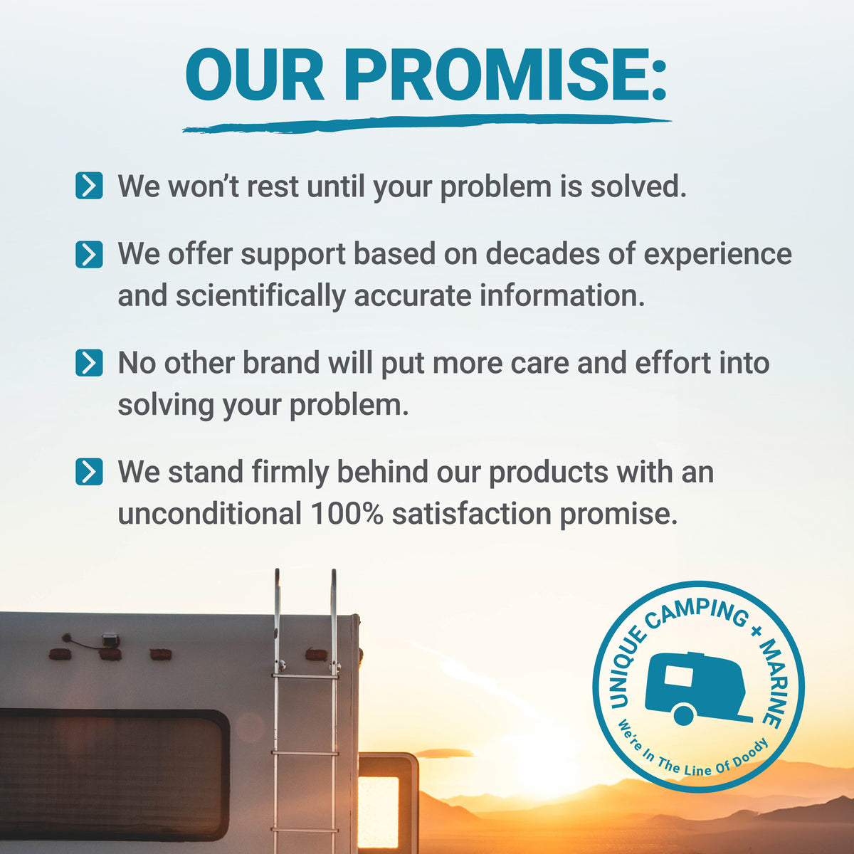 Promotional text about our company's promise with a sunset and camper in the background.