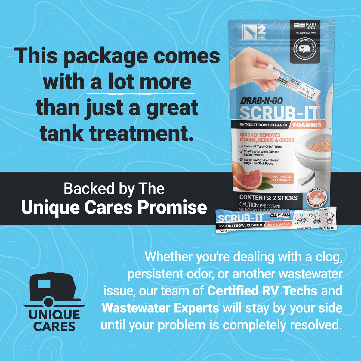 Package of Scrub-It toilet cleaner with promotional text on a blue background