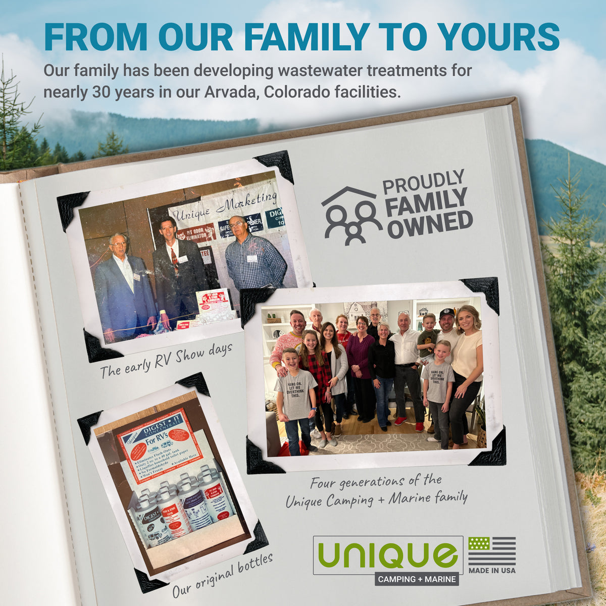 Advertisement for Unique Camping + Marine featuring family photos and text about our 30-year history in Arvada, Colorado.