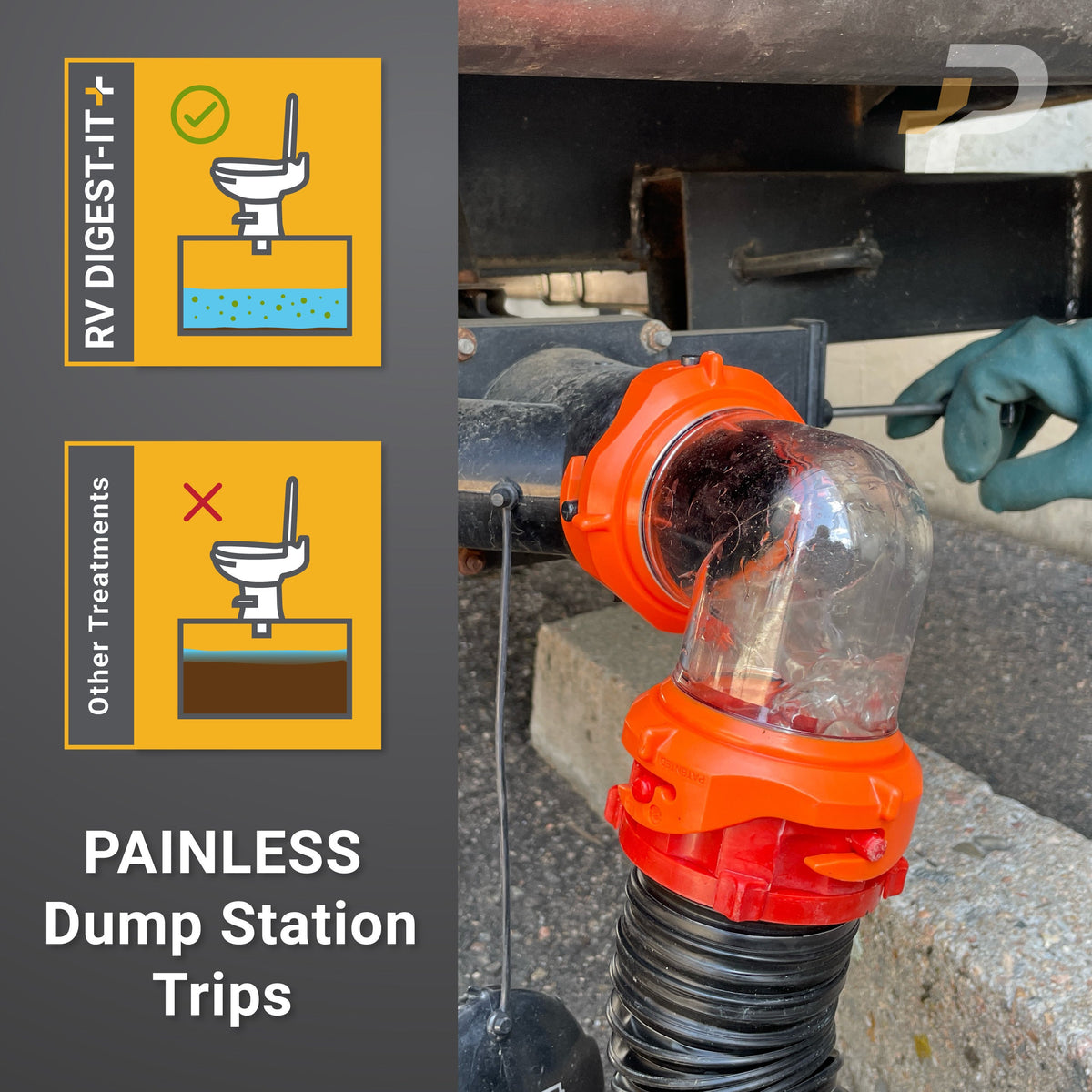 RV Digest-It Plus makes trips to the dumpstation easy and painless. Prevent clogs and waste build-up