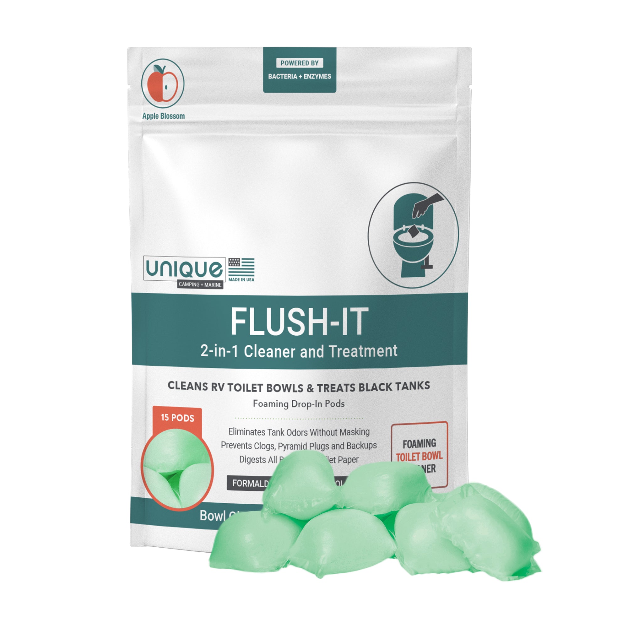 Flush-It 2-in-1 Toilet Cleaner and Treatment 15 Drop-in Pods. Unique Camping + Marine