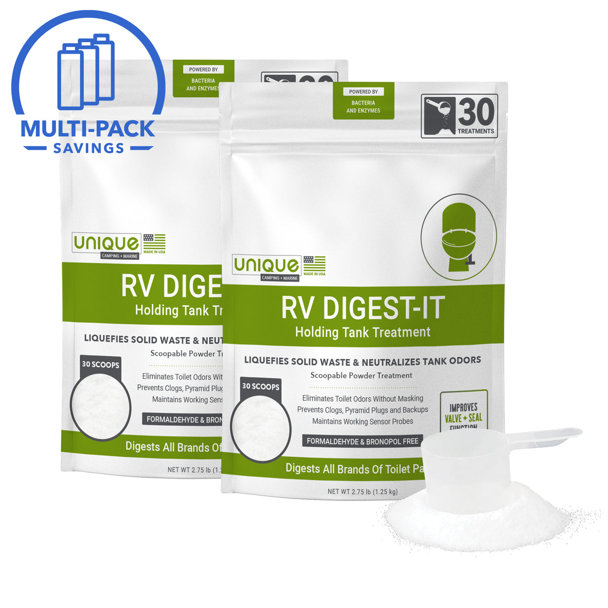 RV Digest-It Powder two-pack breakdown solid waste and reduce odors for dry campers. Prevent clogs and odors on the road. - Unique Camping + Marine