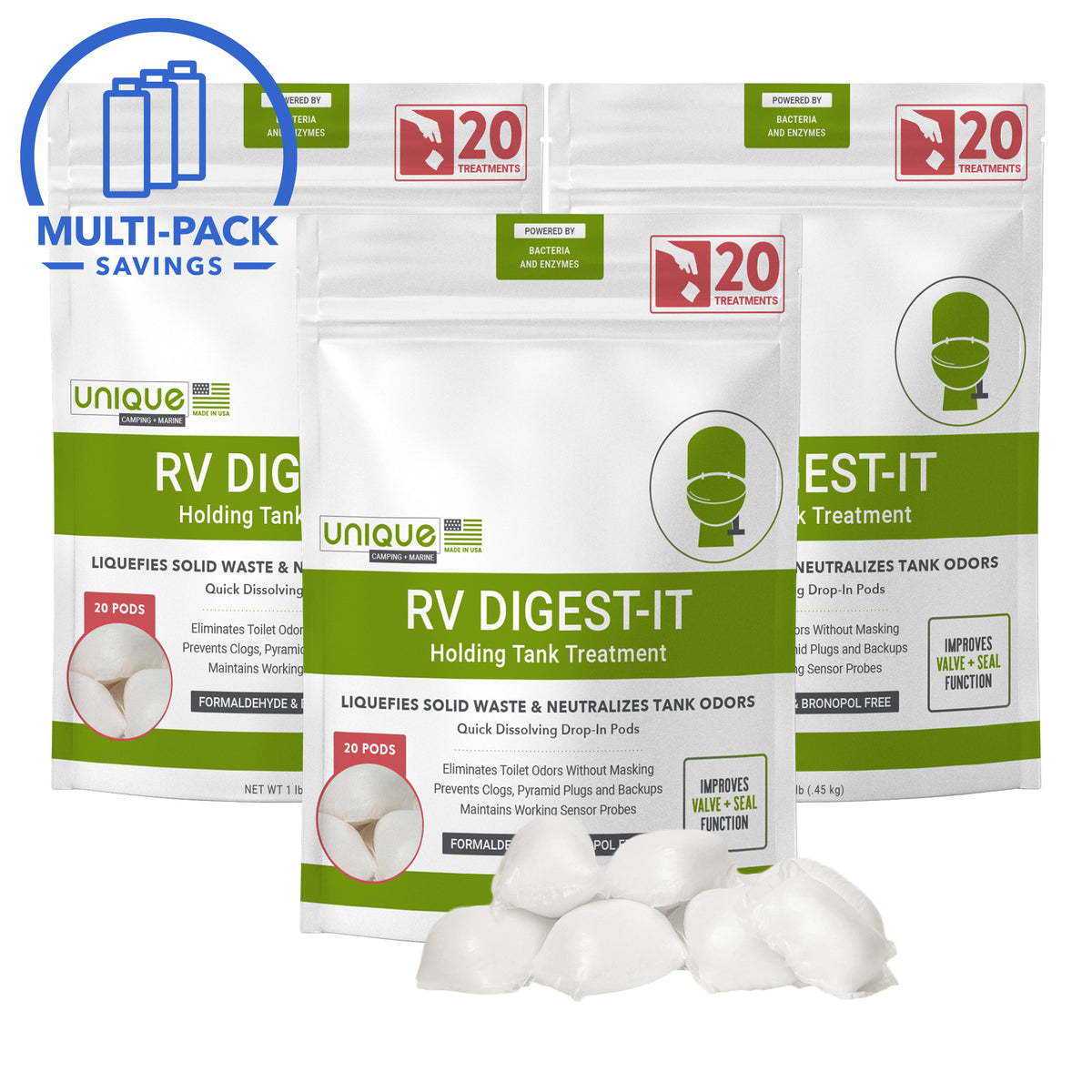 RV Digest-It Drop-In Pods breakdown solid waste and reduce odors for dry campers. Prevent clogs and odors on the road - Unique Camping + Marine