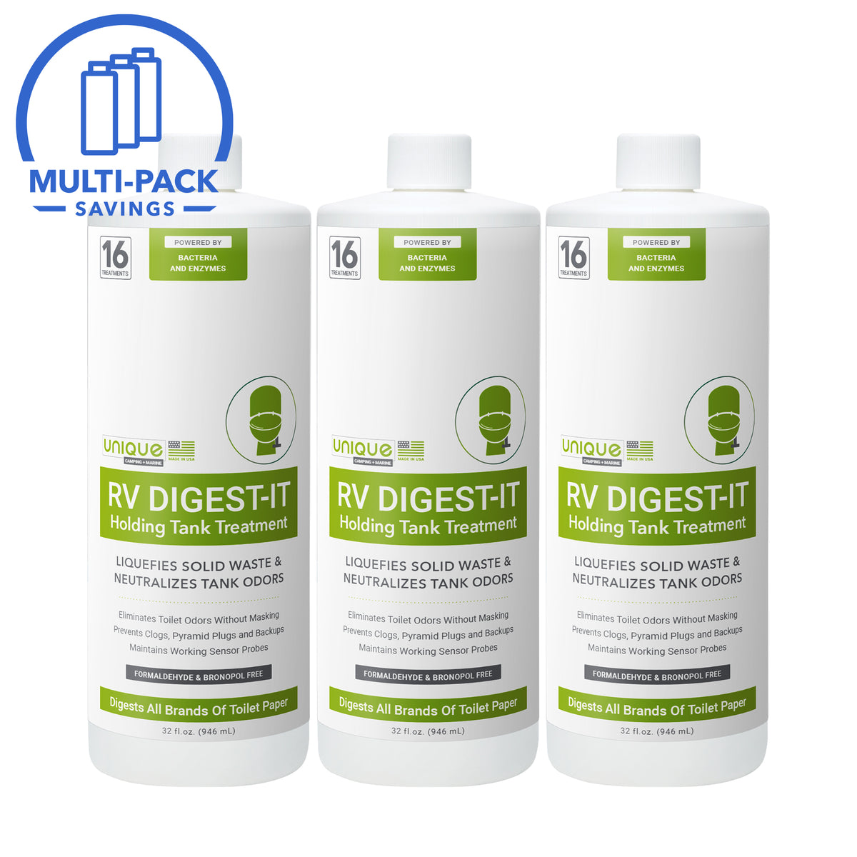RV Digest-It 3 Pack 32 oz.. The best RV holding tank treatment. RV Digest-It is the most advanced holding tank treatment available with the most effective bacteria and enzyme strains. Digests solid waste, removes odors, and maintains working sensor probes.