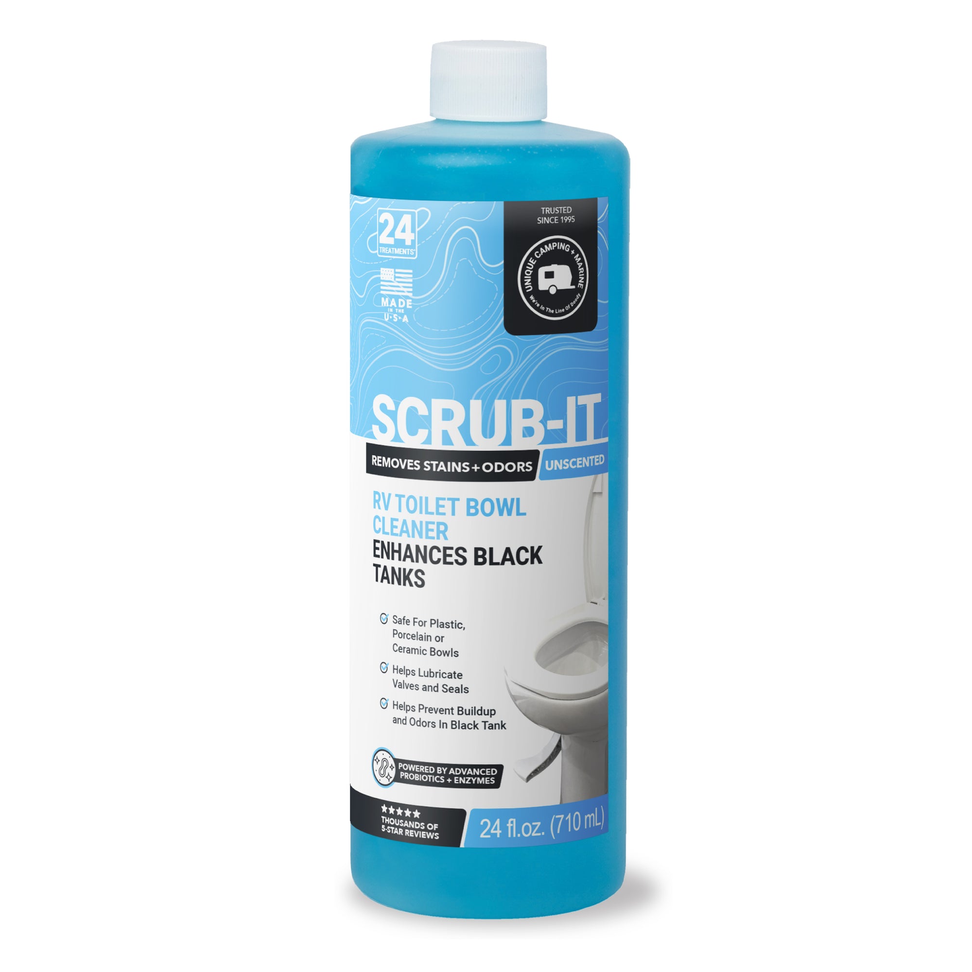 Bottle of Scrub-It RV toilet bowl cleaner on a white background