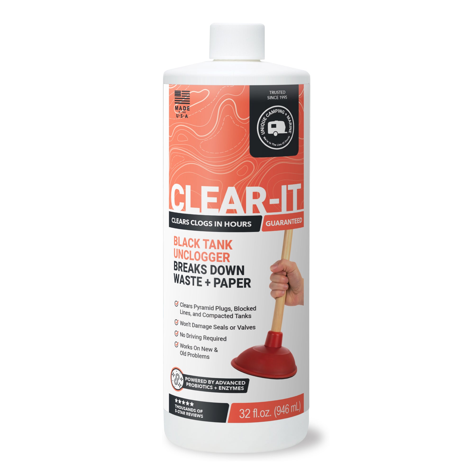 Clear-It black tank unclogger bottle on a white background