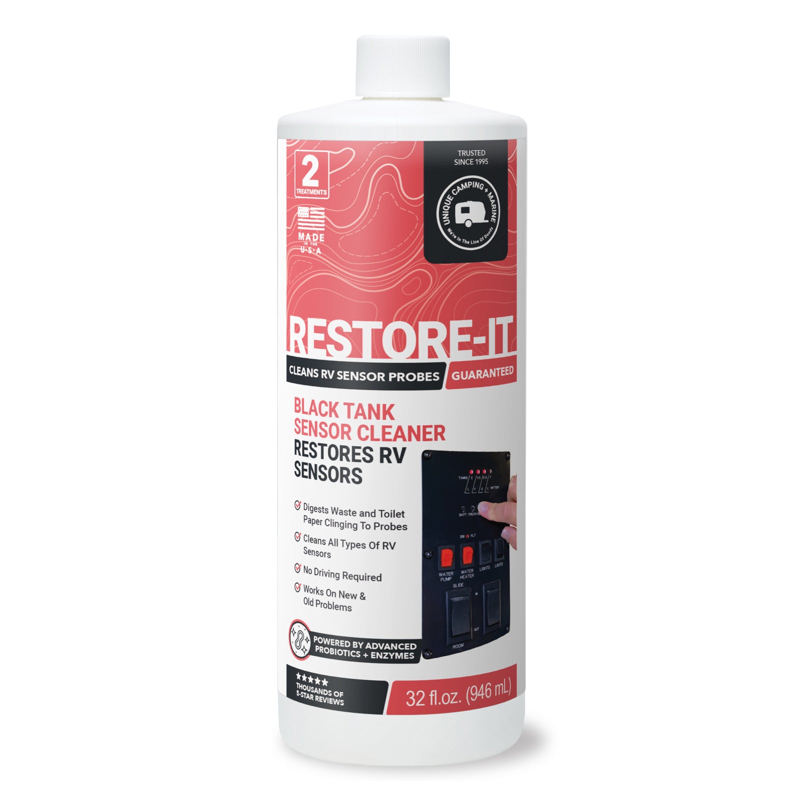Restore-It black tank sensor cleaner bottle on a white background