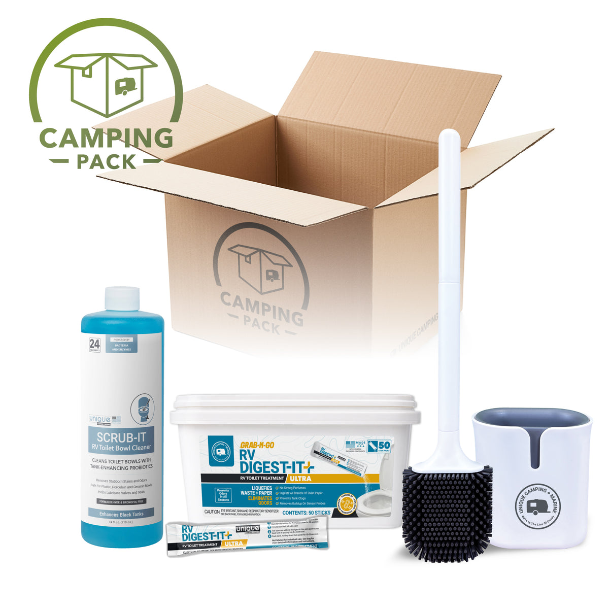 Camping pack with RV wastewater treatment products and tools on a white background
