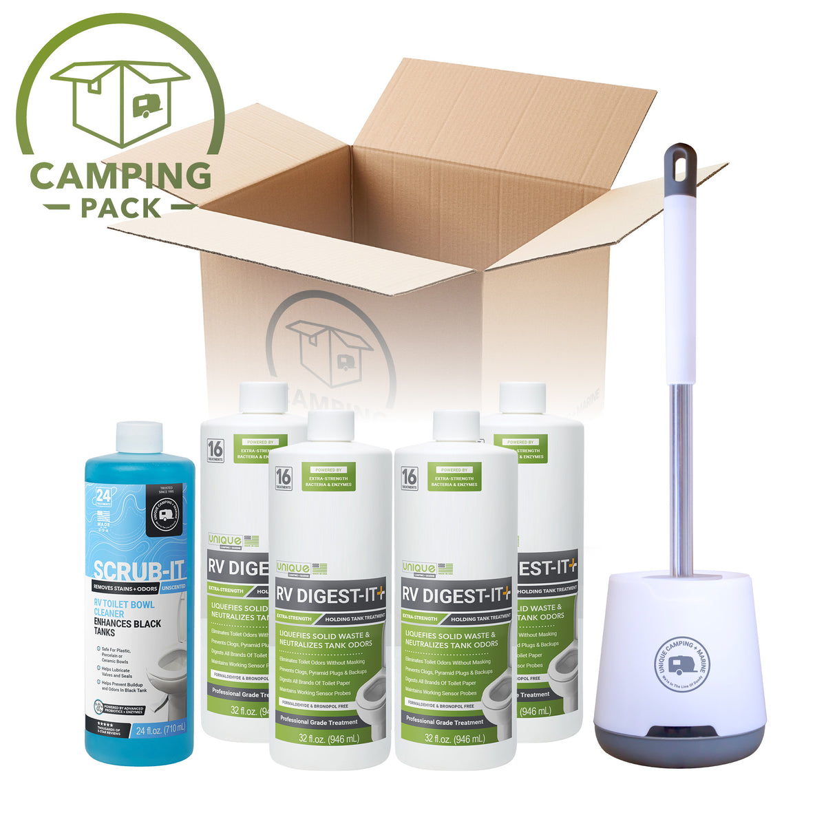 Full Time RVing Camping Pack. RV Digest-It Plus Liquid, Scrub-It and Toilet Brush.