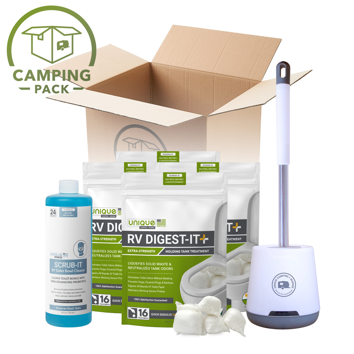 Full Timer Kit, Scrub-It, RV Digest-It, RV Toilet Brush. Unique Camping + Marine