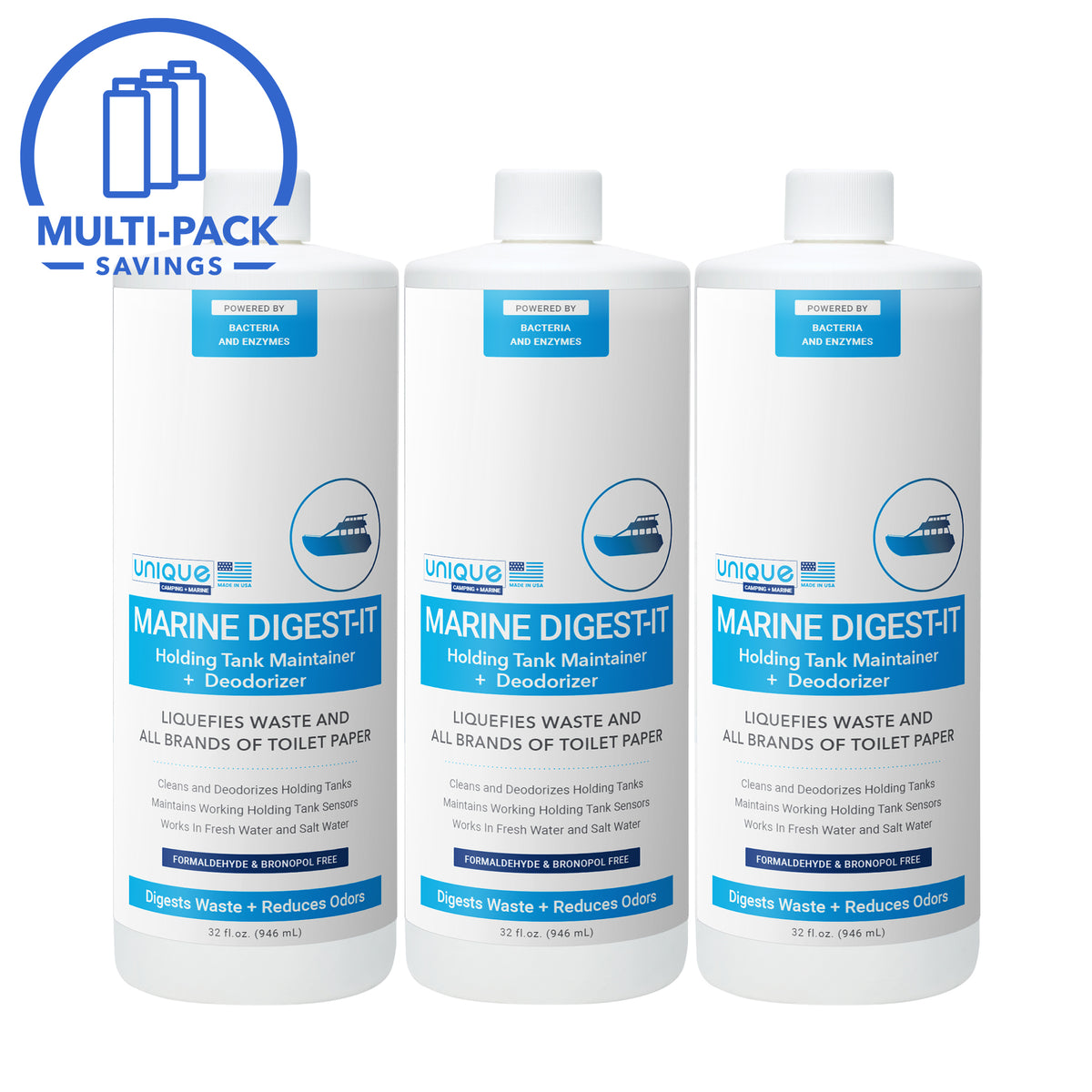 Marine Digest-It 3 Pack of 32 oz. Uses powerful waste digesting microbes to break down waste in your boats holding tank. Prevent odors and clogs by using Marine Digest-It in your boat. - Unique Camping + Marine