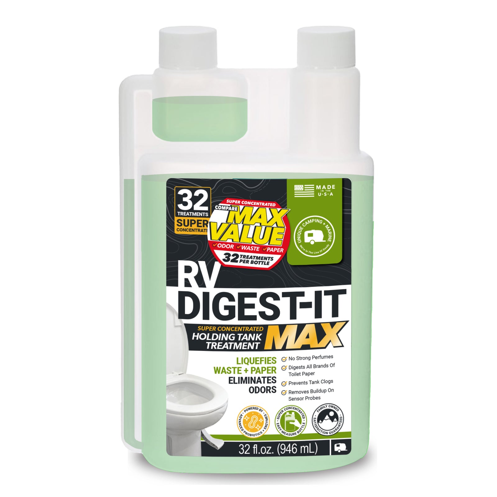 RV Digest-It Max holding tank treatment bottle on a white background