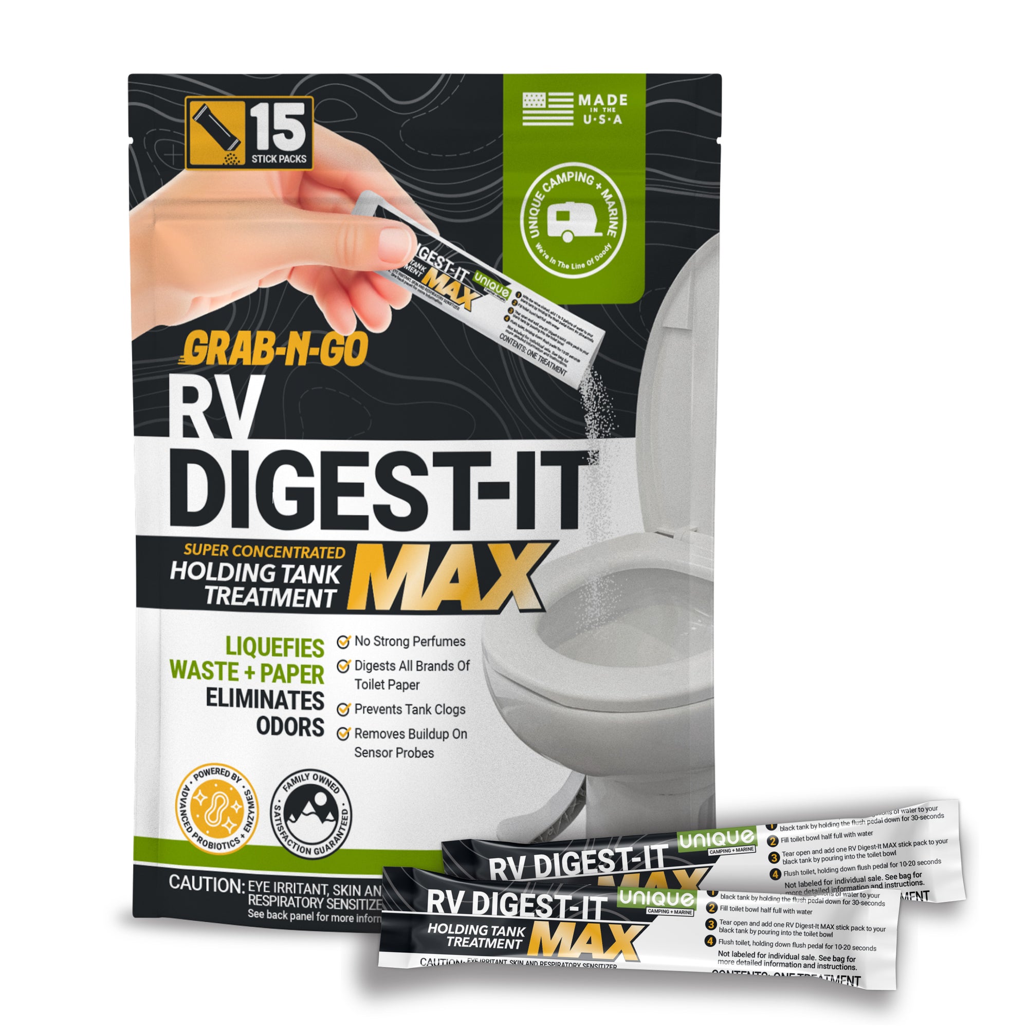 RV Digest-It Max holding tank treatment packaging with a hand holding a stick pack.