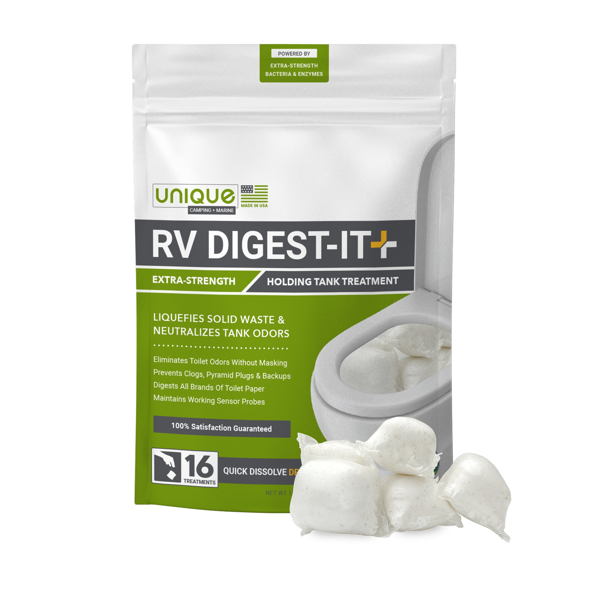 New Product! RV Digest-It Plus Drop-In Pods Extra Strength Holding Tank Treatment. Unique Camping + Marine