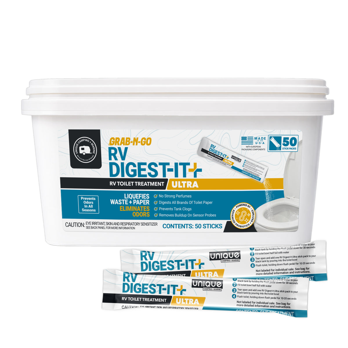 RV Digest-It Ultra toilet treatment packaging with a white background