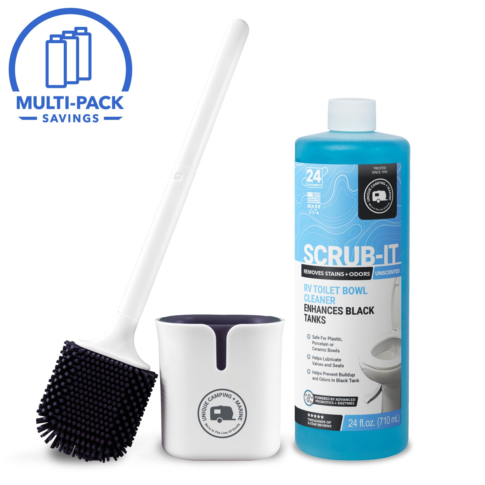 Scrub-It RV toilet bowl cleaner with brush and container on a white background