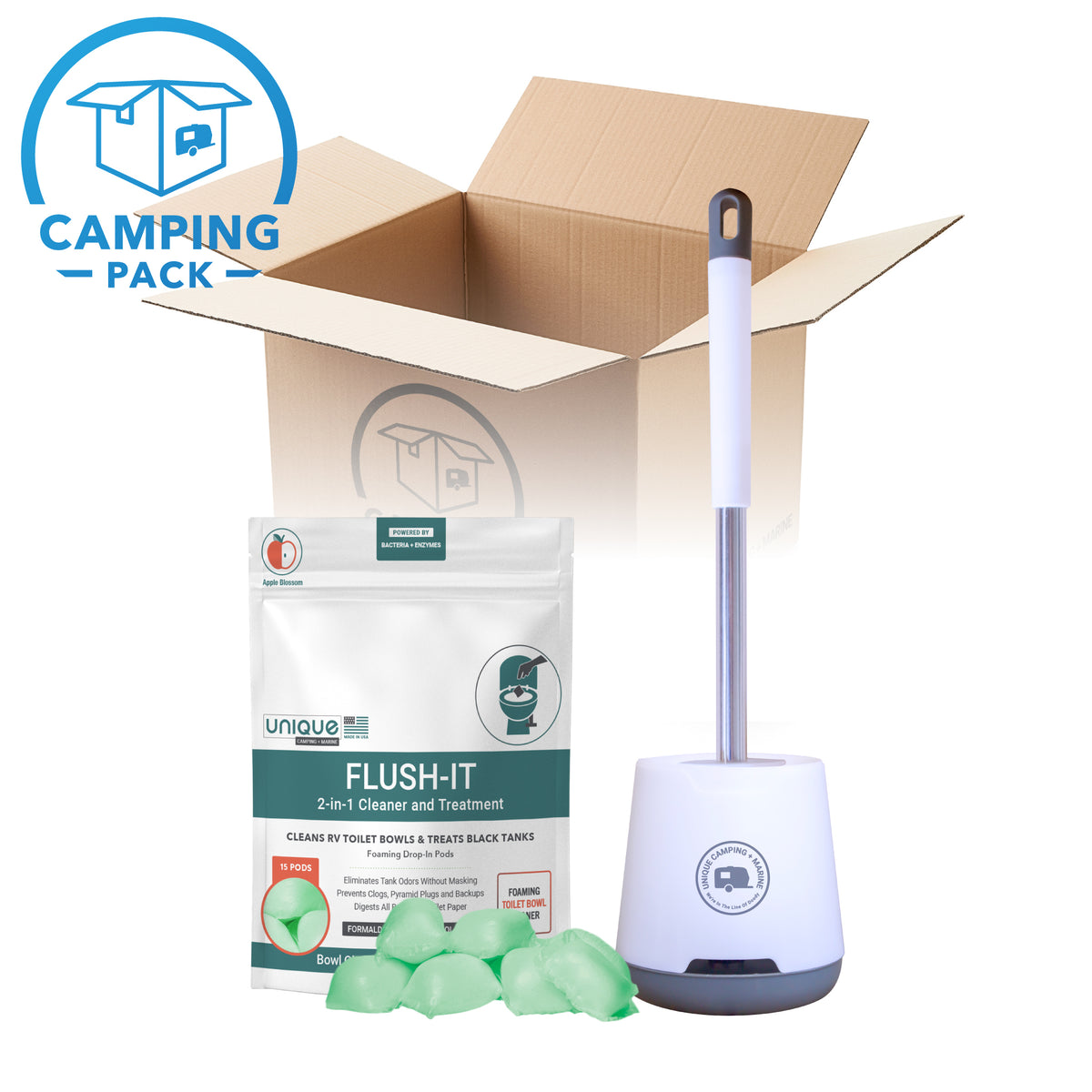 Essential Starter Kit with Flush-It and RV Toilet Brush w/ drip tray. Unique Camping + Marine