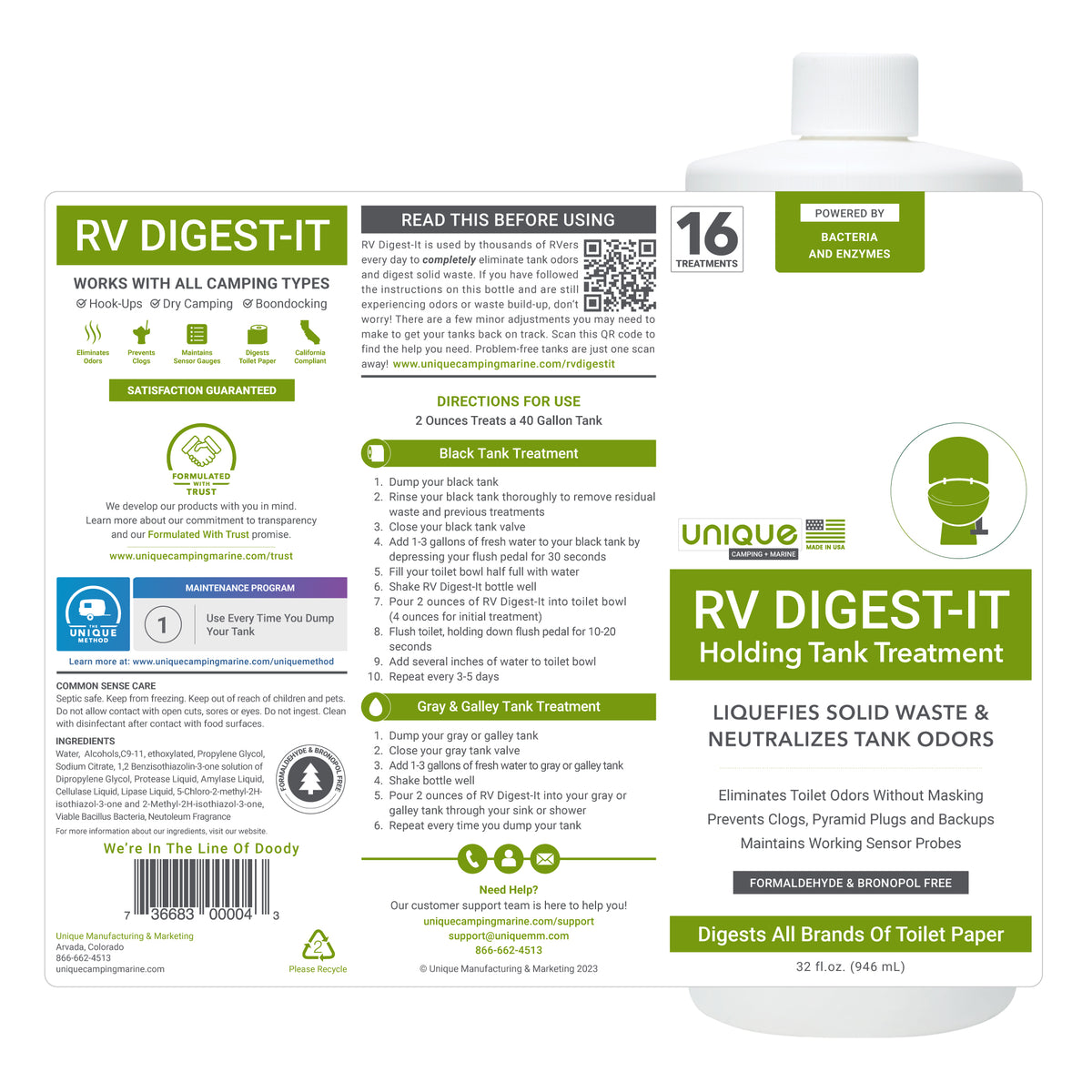 RV Digest-It Holding Tank Treatment quart size label spread.