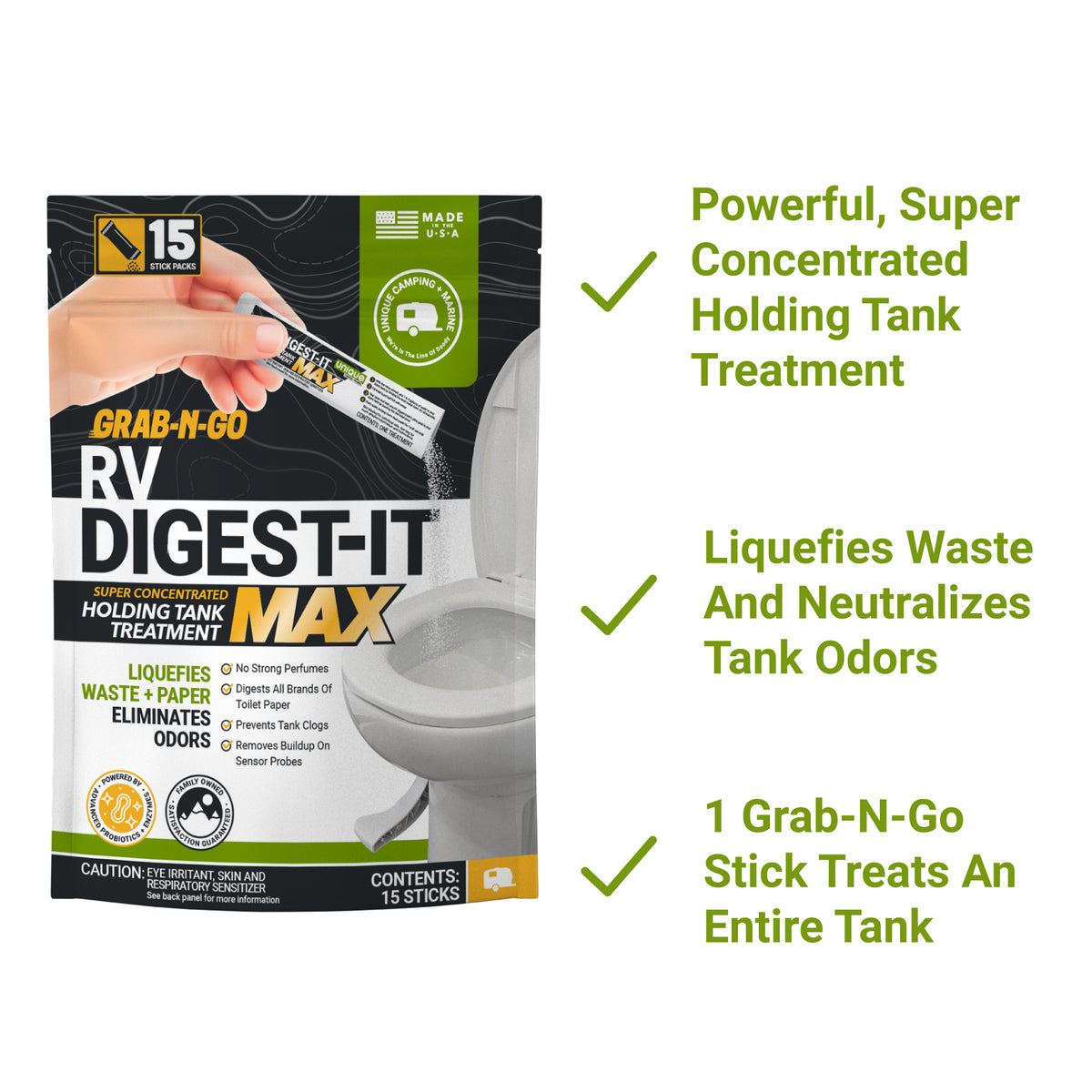 RV Digest-It Max holding tank treatment packaging with text highlighting features.