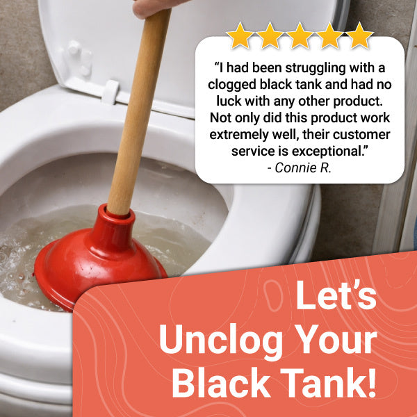 Plunger being used to unclog a toilet with a customer review and promotional text overlay.