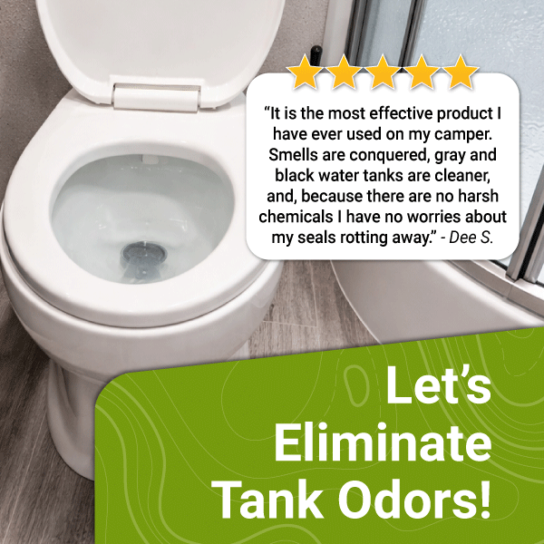 Toilet with a five-star rating card and promotional text about eliminating tank odors.