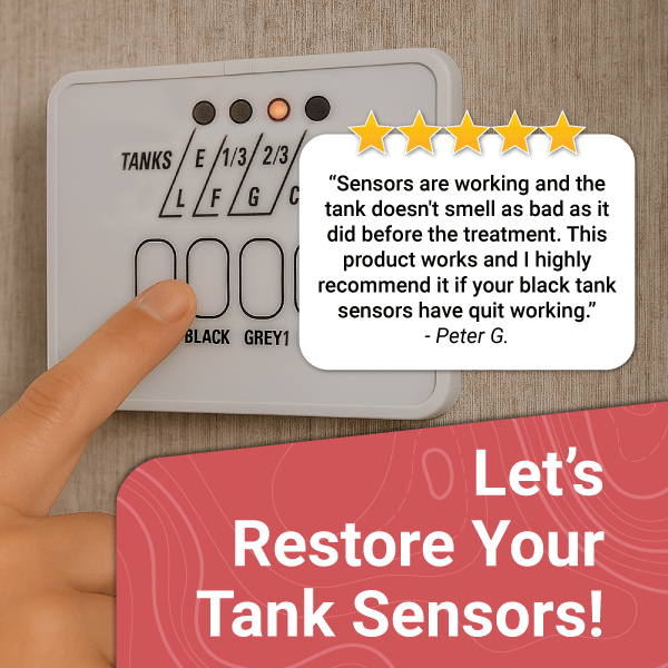 Control panel with sensor settings and a five-star rating, with text recommending product for restoring tank sensors.