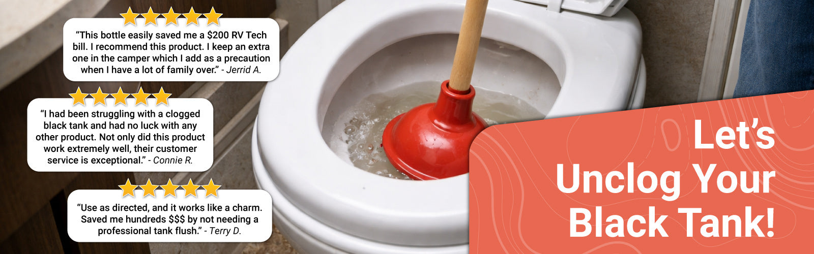 Plunger being used to unclog a toilet with customer reviews and promotional text.