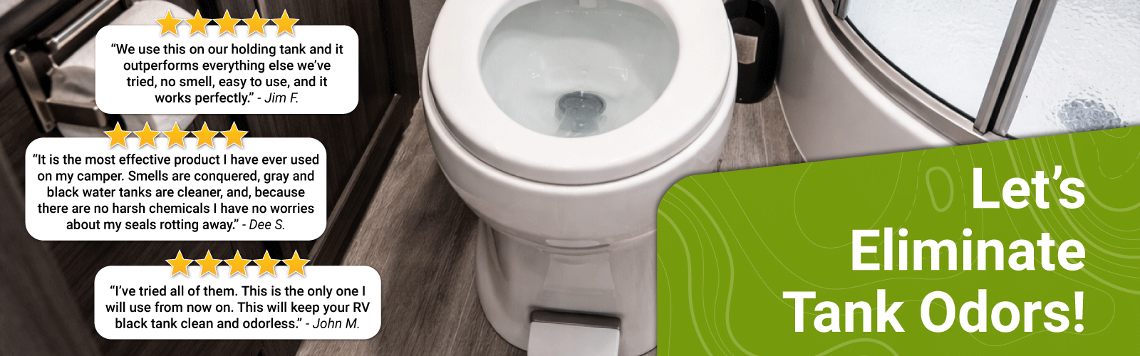 Toilet with a five-star rating card and promotional text about eliminating tank odors.