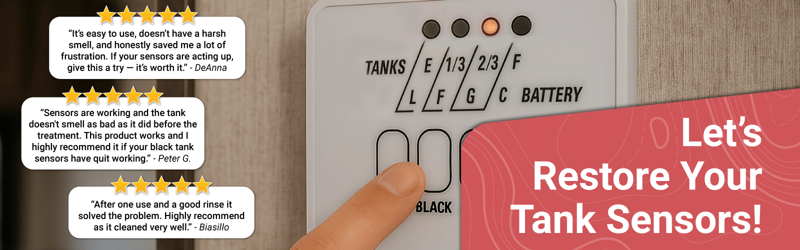 Hand pressing a button on a water heater control panel with text about restoring tank sensors.