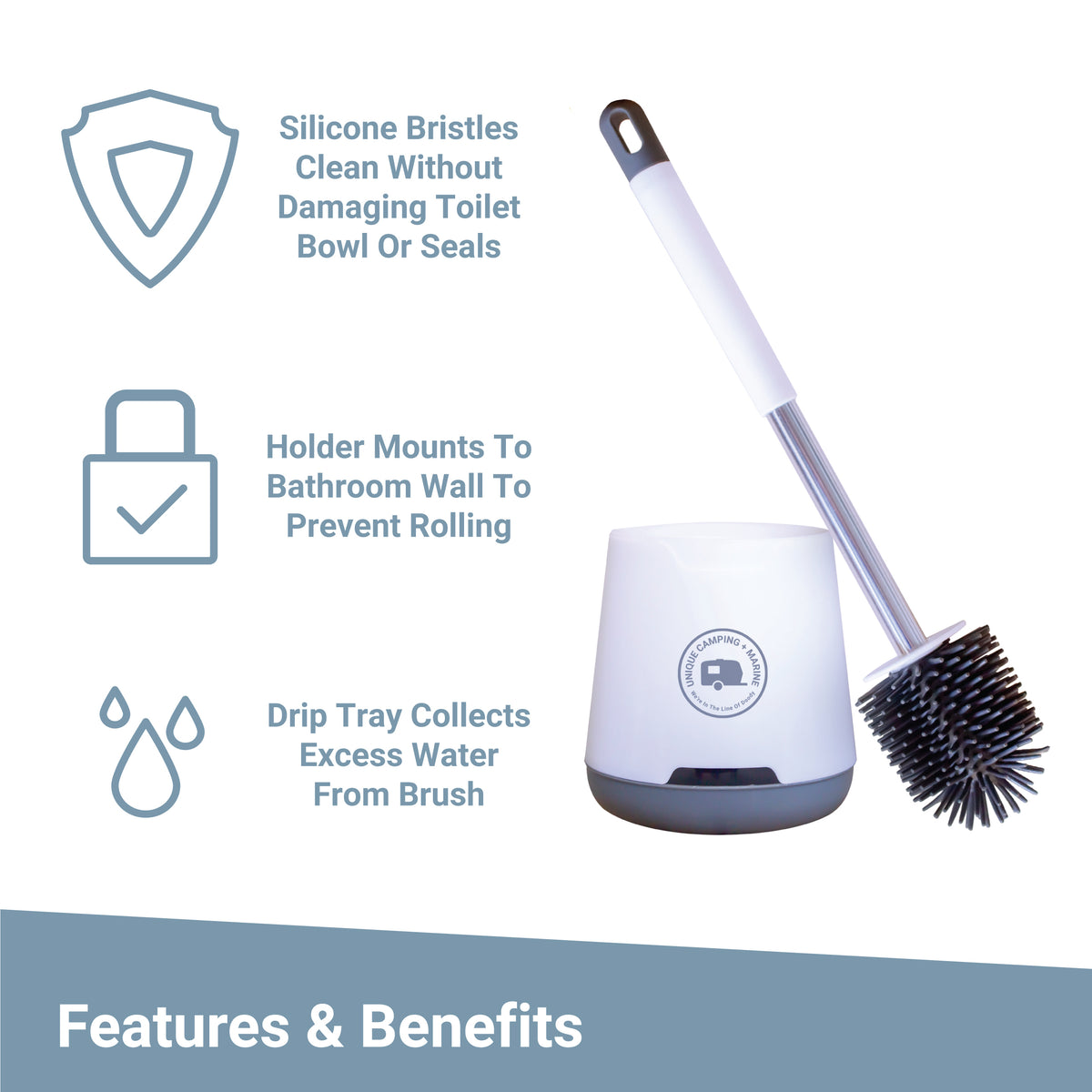 Silicone RV Toielt Brush Features and Benefits. Unique Cmaping + Marine