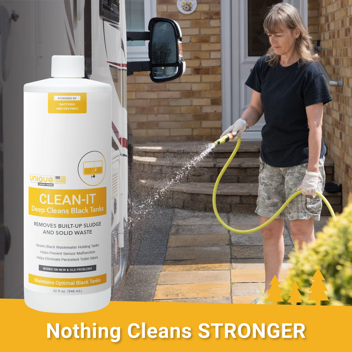 Nothing cleans holding tanks stronger than Clean-It black tank deep cleaner.