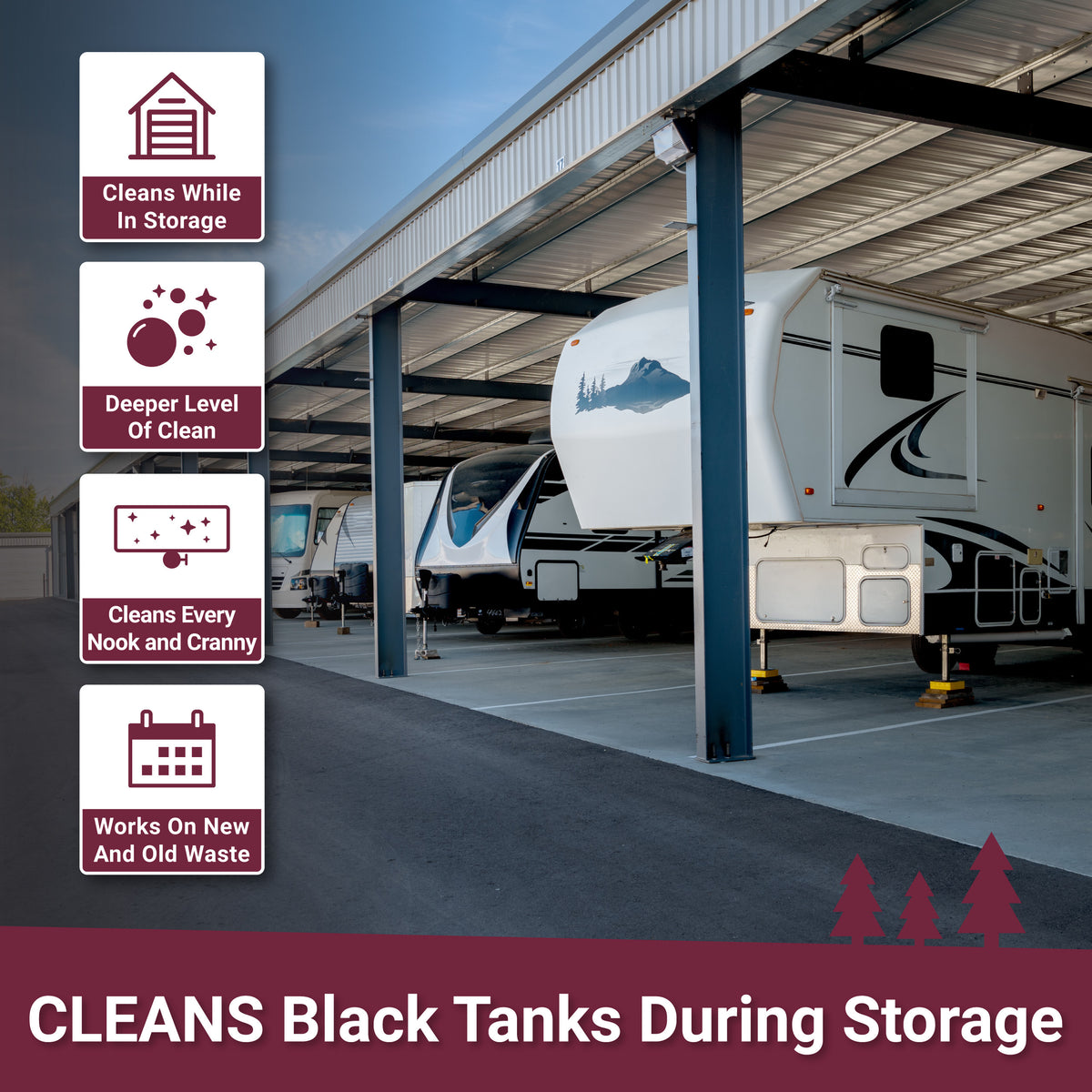 Cleans Black Tanks During Storage. Works on Old Problems and New. Unique Camping + Marine