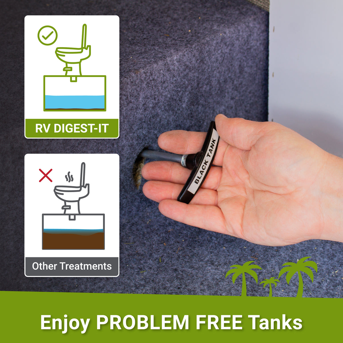 Enjoy problem free holding tanks. Unique RV Digest-It Powder treatment